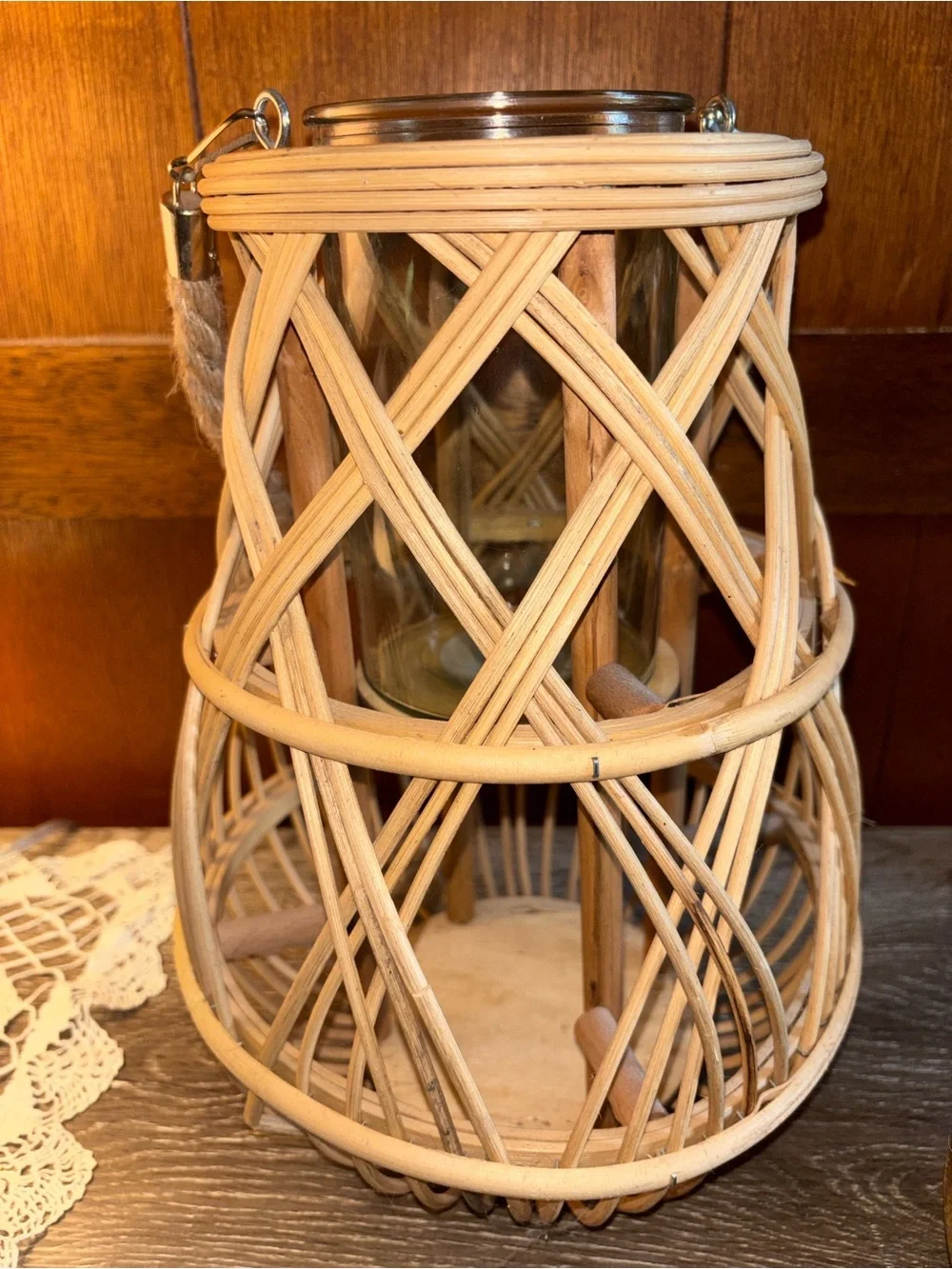 Boho - modern farmhouse - coastal Sienna Tonga bamboo woven hurricane lanterns